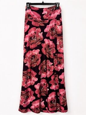 Azules Small Floral Maxi Skirt Pink Brown Black Foldover Waist NWOT USA